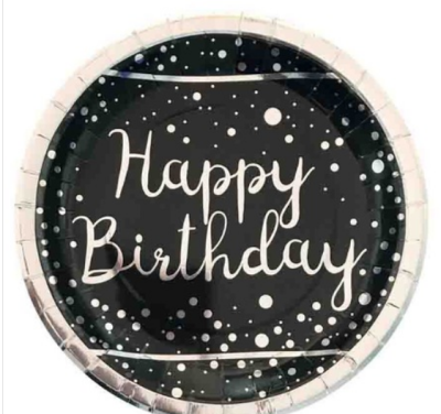 Gümüş Varaklı Happy Birthday Siyah Tabak
