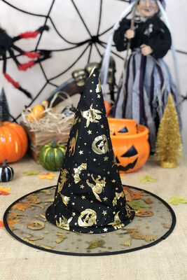 Halloween Aksesuar Cadı Şapkası Altın Varaklı