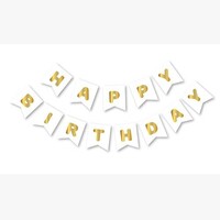 Parti Yıldızı - Happy Birthday Banner Beyaz Üzeri Gold