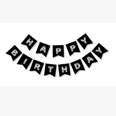 Happy Birthday Banner Siyah Üzeri Gümüş