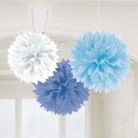 AMSCAN - Mavi Beyaz Renklerde Ponpon Çiçek 3 Adet