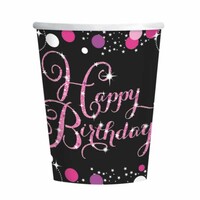 AMSCAN - Pembe Siyah Renk Işıltılı Happy Birthday Bardak 8 