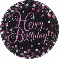 AMSCAN - Pembe Siyah Renk Işıltılı Happy Birthday Tabak 8 A