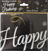 Parti Yıldızı - Pırıltılı Happy Birthday Siyah Masa Örtüsü