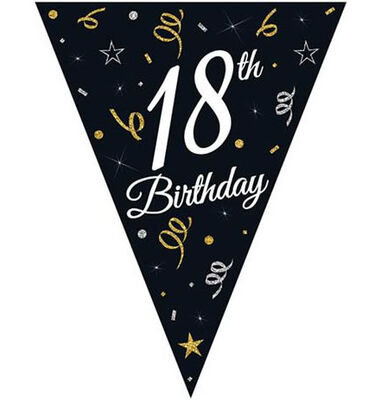 Pırıltılı Happy Birthday Siyah Üçgen Bayrak Afiş 18 Yaş