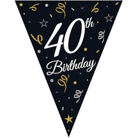 Parti Yıldızı - Pırıltılı Happy Birthday Siyah Üçgen Bayrak Afiş 40 Yaş