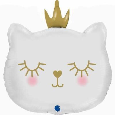 SShape Taçlı Prenses Kedi Folyo Balon - Beyaz Renk 56cm
