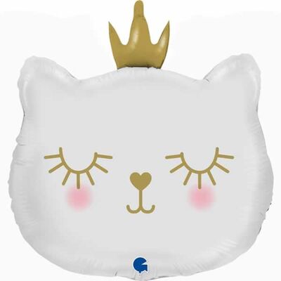 SShape Taçlı Prenses Kedi Folyo Balon - Beyaz Renk 76cm