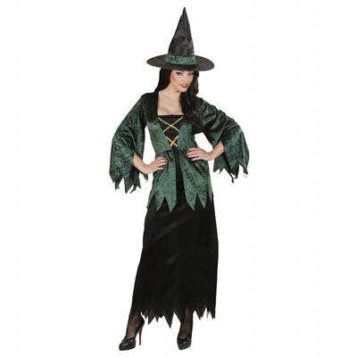 Yetişkin Kadife Cadı Kostümü Yeşil Renklerde M